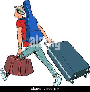 Ein junger Mann mit Gitarre ist ein Reisender, der auf Tour fliegt, Gepäck am Flughafen. Kreative Reise Stock Vektor