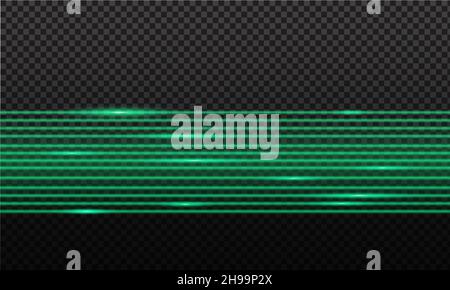Grüner Laserstrahl. Laserstrahlen, grüner Lichteffekt auf transparentem schwarzem Hintergrund. Stock Vektor