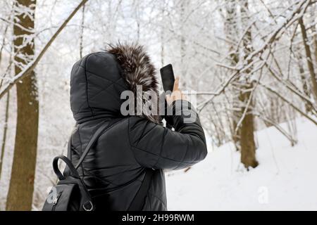 Frau im schwarzen Mantel mit Pelzhaube, die auf einem Smartphone im Winterwald Bilder von der Natur des Schnees fotografiert. Bäume nach Schneefall, Freizeit bei kaltem Wetter Stockfoto