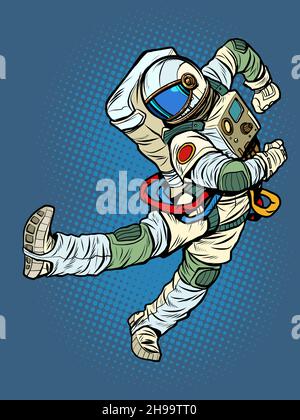 Joy Dance Jump die charakteristische emotionale Pose eines Astronautenmenschen Stock Vektor