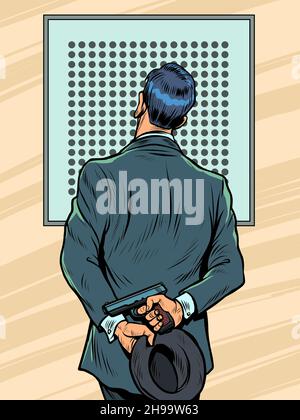 Ein Mann in einem Anzug in einer Schießgalerie mit einer Pistole untersucht das Ziel, das Ergebnis des Schießens Stock Vektor