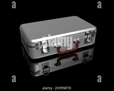 3D- Rendering. Das geschlossene Aluminiumgehäuse ruht auf einer glänzend schwarzen Oberfläche. Stockfoto