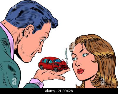 Ein Mann beschuldigt eine Frau für einen Autounfall. Versicherungsvertreter. Ein rotes Auto stürzte bei einem Unfall ab. Personenbeförderung. Gefahr auf der Straße Stock Vektor