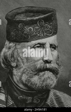 Giuseppe Garibaldi (1807-1882). Italienischer militärischer und politischer Führer. Hochformat. Gravur, 1882. Stockfoto