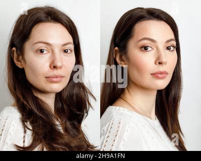 Frau vor und nach dem Make-up. . Das Konzept der Transformation, Schönheit nach dem Auftragen von Make-up mit einem Make-up-Künstler. Ergebnis ohne Retusche Stockfoto