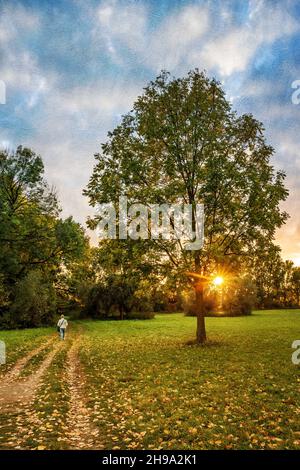 Eine Frau am Morgen im Park, mehrfarbige Texturmalerei Stockfoto