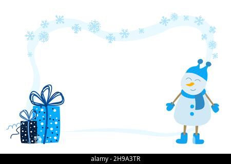 Grußkartenvorlage mit Schneemann und Geschenkbox. Vector-Banner für das neue Jahr. Stock Vektor