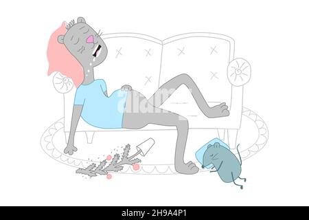 Ruhe nach dem neuen Jahr. Die Katze und die Maus schlafen nach dem Neujahrsfest. Comic-Katze. Stock Vektor