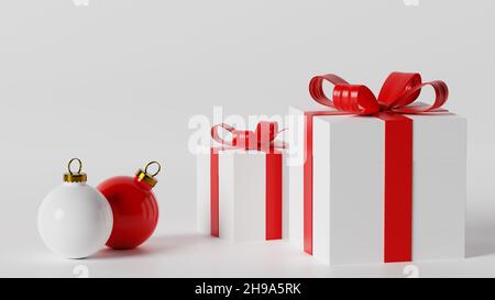 Rot-weiße Weihnachtsschmuck und Geschenkschachteln mit Bändern - 3D Rendering, Illustration. Vorlage - kann als Hintergrund für verschiedene Graps verwendet werden Stockfoto