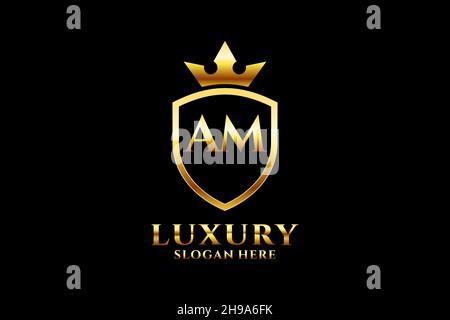 AM Elegantes Luxus-Monogramm-Logo oder Badge-Vorlage mit Rollen und königlicher Krone - perfekt für luxuriöse Branding-Projekte Stock Vektor