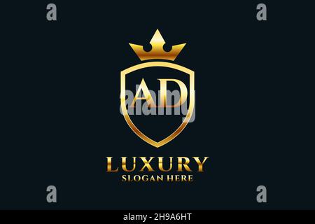 AD Elegantes Luxus-Monogramm-Logo oder Badge-Vorlage mit Rollen und königlicher Krone - perfekt für luxuriöse Branding-Projekte Stock Vektor