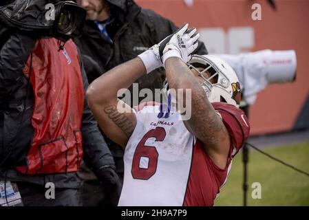 Chicago, Usa. 05th Dez 2021. Die Arizona Cardinals James Conner (6) feiern am Sonntag, den 5. Dezember 2021, seinen Touchdown im zweiten Quartal gegen die Chicago Bears auf dem Soldier Field in Chicago. Foto von Mark Black/UPI Credit: UPI/Alamy Live News Stockfoto