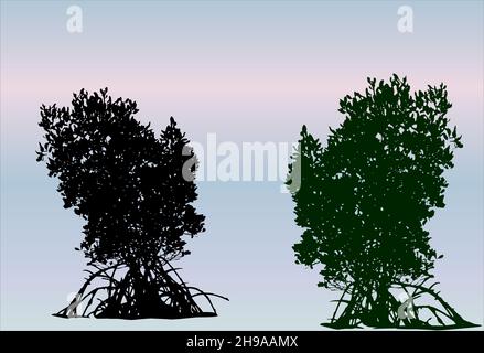 Mangrovenbäume Silhouette mit blauem und grauem Hintergrund Stock Vektor