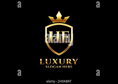DAS elegante Luxus-Monogramm-Logo oder Badge-Template mit Rollen und königlicher Krone - perfekt für luxuriöse Branding-Projekte Stock Vektor