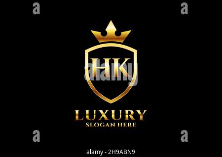 HK Elegantes Luxus-Monogramm-Logo oder Badge-Vorlage mit Rollen und königlicher Krone - perfekt für luxuriöse Branding-Projekte Stock Vektor