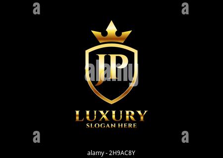 JP Elegantes Luxus-Monogramm-Logo oder Badge-Vorlage mit Rollen und königlicher Krone - perfekt für luxuriöse Branding-Projekte Stock Vektor