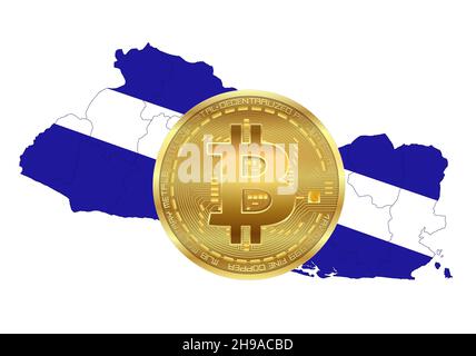 Karte des El Salvador in den Farben der Flagge mit Bitcoin, leer Stockfoto