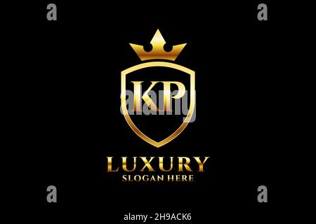 KP Elegantes Luxus-Monogramm-Logo oder Badge-Vorlage mit Rollen und königlicher Krone - perfekt für luxuriöse Branding-Projekte Stock Vektor