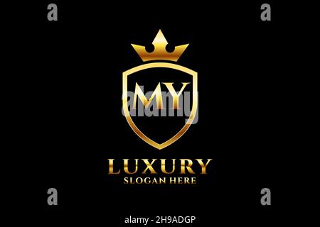 MEIN elegantes Luxus-Monogramm-Logo oder Badge-Vorlage mit Rollen und königlicher Krone - perfekt für luxuriöse Branding-Projekte Stock Vektor