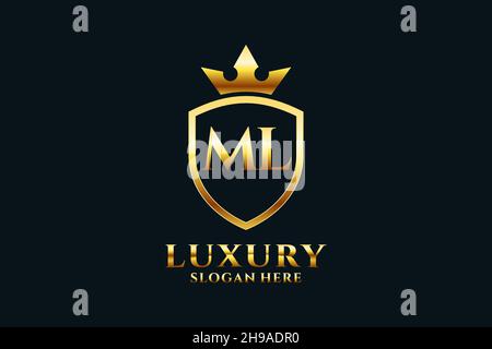 ML Elegantes Luxus-Monogramm-Logo oder Badge-Vorlage mit Rollen und königlicher Krone - perfekt für luxuriöse Branding-Projekte Stock Vektor