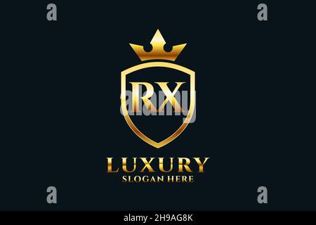 RX Elegantes Luxus-Monogramm-Logo oder Badge-Vorlage mit Rollen und königlicher Krone - perfekt für luxuriöse Branding-Projekte Stock Vektor