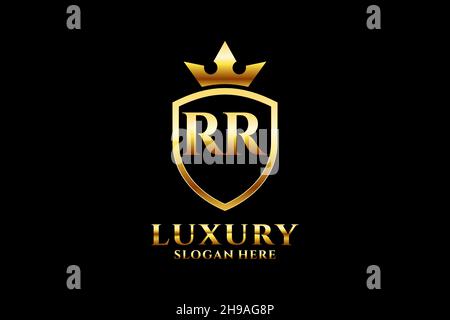 RR Elegantes Luxus-Monogramm-Logo oder Badge-Vorlage mit Rollen und königlicher Krone - perfekt für luxuriöse Branding-Projekte Stock Vektor