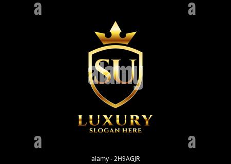SU Elegantes Luxus-Monogramm-Logo oder Badge-Vorlage mit Rollen und königlicher Krone - perfekt für luxuriöse Branding-Projekte Stock Vektor