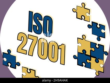 Schreiben mit Text ISO 27001. Wort für die Spezifikation eines Informationssicherheitsmanagementsystems, das ein neues computergestütztes Ablagesystem erstellt Stockfoto