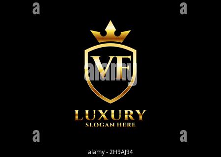 VF Elegantes Luxus-Monogramm-Logo oder Badge-Vorlage mit Rollen und königlicher Krone - perfekt für luxuriöse Branding-Projekte Stock Vektor
