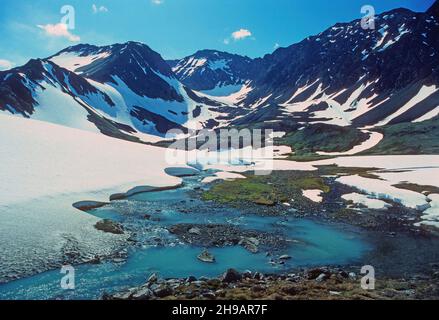 Frühsommer Schnee in einem High Mountain Pass am Crow Pass in Alaska Stockfoto