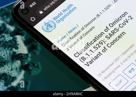 Die Erklärung der Weltgesundheitsorganisation zur in Südafrika entstandenen Omicron-Variante ist auf ihrer Website am 29. November 2021 zu sehen. Stockfoto