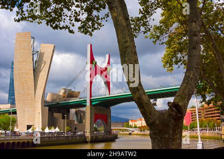 La Salve-Brücke am Fluss Nervion mit einem Teil des Guggenheim-Museums, Bilbao, Provinz Biskaya, Autonome Gemeinschaft des Baskenlandes, Spanien Stockfoto