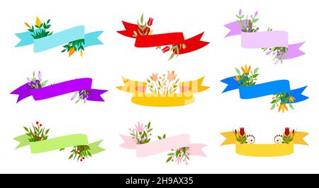 Bändchen Blumen festlich niedlich Dekor farbig flach set. Zartes Design Grußkarte Einladung Blumenbanner. Romantische Aufkleber Hintergrund speichern Valentinstag Label Frühling Partei Schild isoliert Stock Vektor