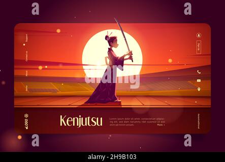 Kenjutsu, traditionelles japanisches Fechtkunstbanner. Vektor-Landing-Page von Kendo, Kunst des Schwertes in Japan mit Cartoon-Illustration des Mädchens in Kimono mit Katana auf dem Hintergrund der Sonnenuntergangslandschaft Stock Vektor