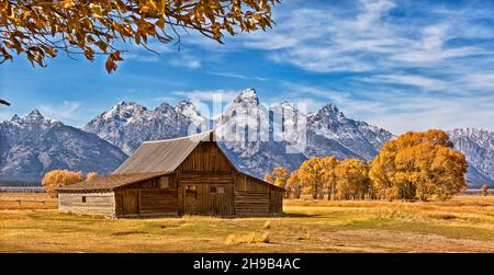 Eine alte Scheune mit Berg, Mormon Row, Grand Teton National Park, Wyoming State, USA Stockfoto