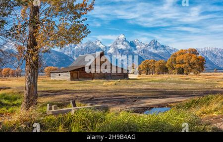 Eine alte Scheune mit Berg, Mormon Row, Grand Teton National Park, Wyoming State, USA Stockfoto