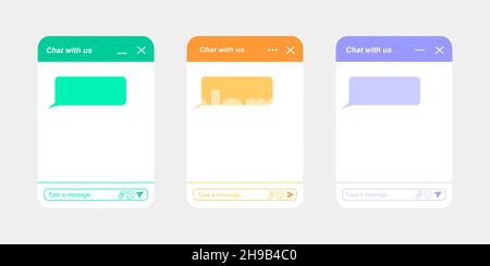 Chat bot-Bildschirmvorlagen. Live-Chat-Fenster mit Nachrichtenblasen. Virtueller Assistent, Online-Kundensupport-Gespräch. Mobile Messenger-App-Design. Vektorgrafik flach Stock Vektor