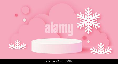 Weihnachten und Neujahr 3D Podium Szene oder Sockel auf pastellfarbenem Hintergrund mit minimalen geometrischen Wolken, Schneeflocken Formen Papier geschnitten Handwerk Studio für di Stock Vektor