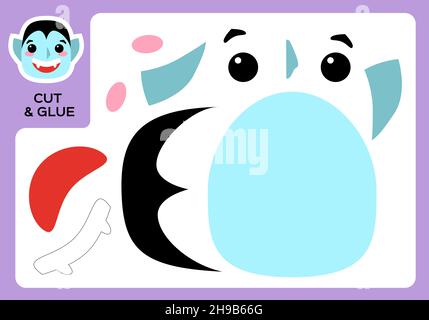 Schneiden und kleben Cartoon Dracula. DIY Vampire Projekt. Arbeitsblatt für Kinder. Aktivitätsseite. Kinder im Bildungsbereich. Happy Halloween-Spiel. Super-motorische Fähigkeiten. Pa Stock Vektor