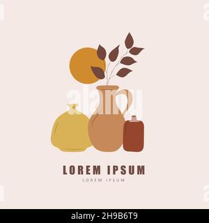 Poster mit Vasen im Boho-Stil. Abstrakte Silhouette aus Keramik-Töpfen und Tonkrügen in Pastellfarben. Moderne Wandgestaltung. Handgezeichneter Vektor Stock Vektor