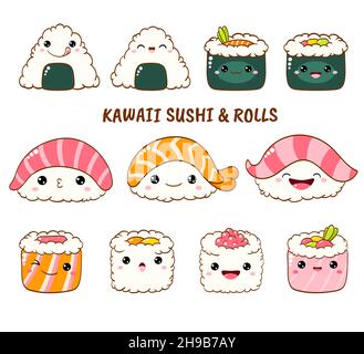 Eingestellt von Sushi und Rollen Symbole in kawaii Stil mit lächelnden Gesicht und rosa Wangen. Traditionelle japanische Küche. Temaki, Essstäbchen, Nigiri, Stock Vektor