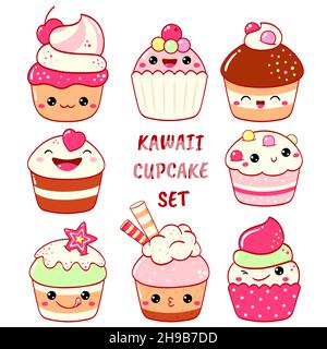 Set aus süßen Ikonen im Kawaii-Stil mit lächelndem Gesicht und rosa Wangen für ein süßes Design. Kuchen, Muffin, Cupcake. Vektorgrafik EPS8 Stock Vektor