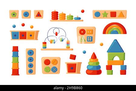 Montessori Bildung Logik Spielzeug. Kinder Holzspielzeug für Kinder im Vorschulalter. Montessori-System für die frühkindliche Entwicklung. Mehrfarbige Sortierer. Eingestellt Stock Vektor