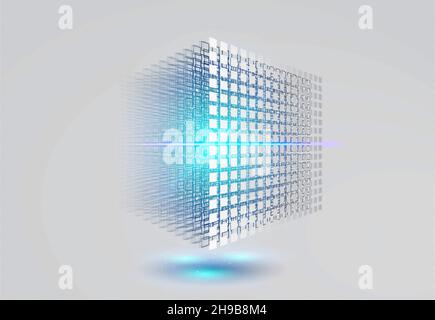 Big-Data-Würfel. 3D geometrischer Würfel aus kleinen Stücken. Datenspeicherung. Blockchain-Netzwerk-Konzept. Stockfoto