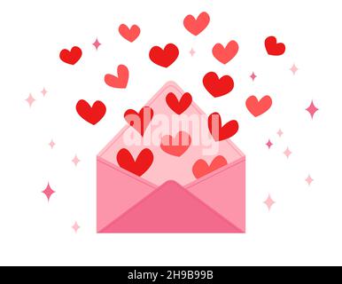 Herzen fliegen aus dem leeren Umschlag. Flache Vektorgrafik zum Valentinstag. Liebe Symbole und Umschlag isoliert. Stock Vektor