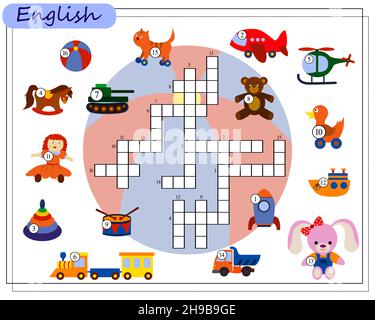 Kreuzworträtsel Spielzeug, Englisch lernen. vektor isoliert auf einem weißen Hintergrund Stock Vektor