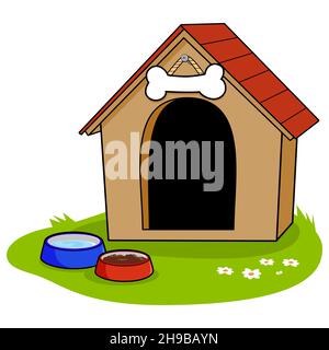 Hundehütte und Schalen mit Wasser und Hundefutter. Stockfoto