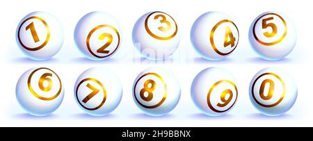 Lotto weiße Kugeln mit goldenen Zahlen Vektor realistische Illustration. Lotterie Glücksspiel glänzende Kugeln. Snooker, Freizeitsport oder Billard-Bingoball auf weißem Hintergrund isoliert. Stock Vektor