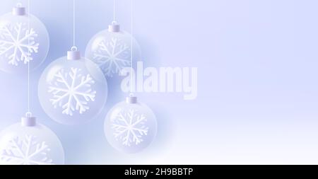 Weihnachtshintergrund mit transparentem Weiß 3D Render Weihnachtskugeln mit Schneeflocke innen von oben hängen Stock Vektor