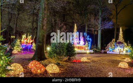 Aarhus, Dänemark; 5. Dezember 2021 - Weihnachtsdekorationen leuchten in einem Park, Jütland, Dänemark Stockfoto